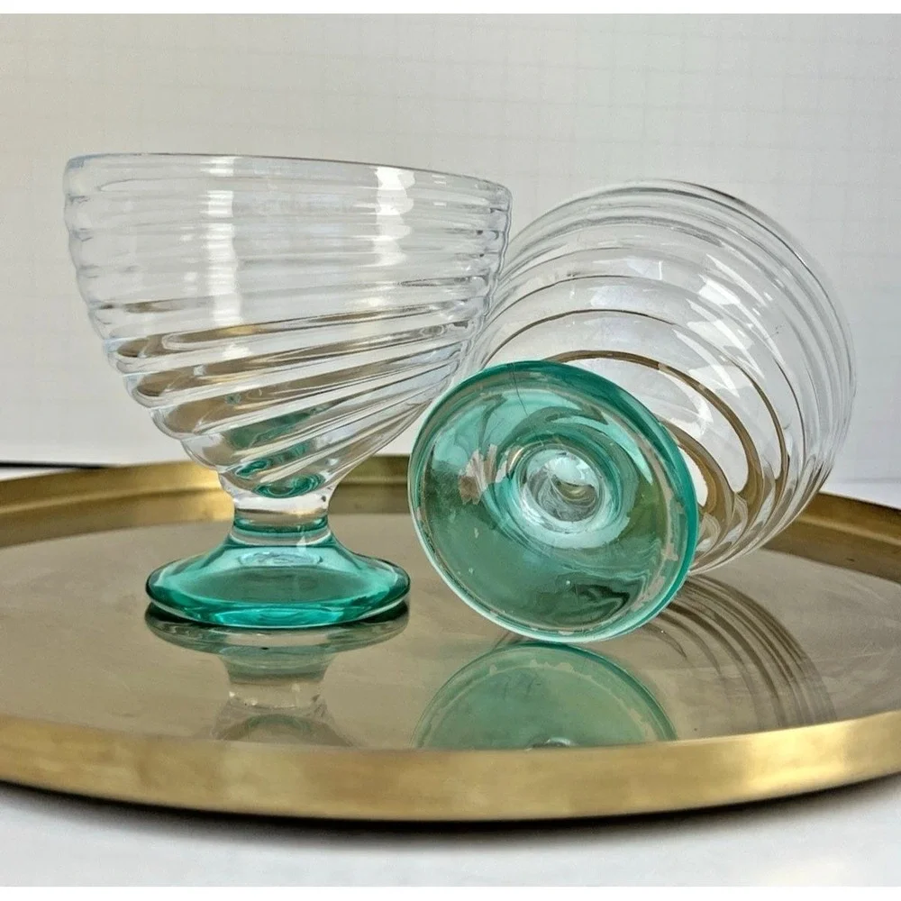 Dessert Cups Ribbed Footed Aqua Stem Sherbet Glasses Vintage Glassware Set of 2